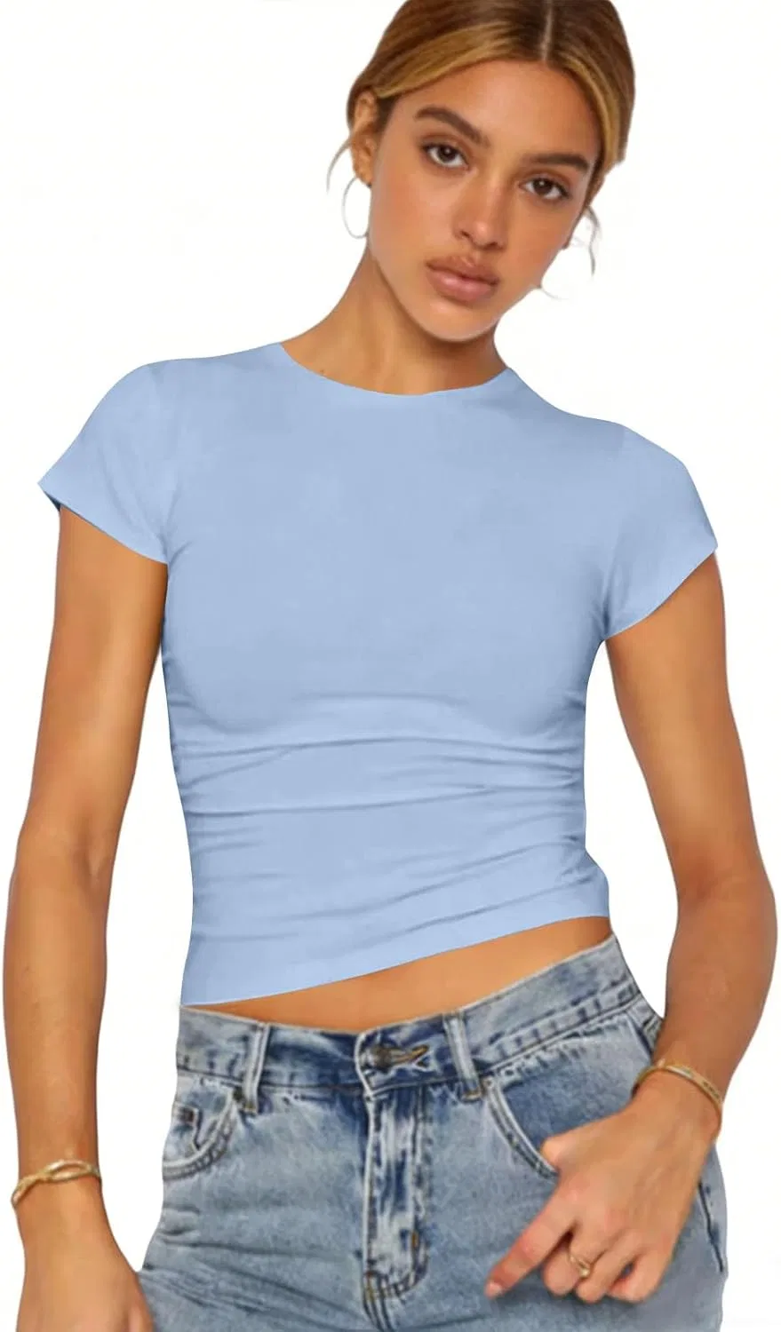 Женская футболка с круглым вырезом, хлопок, C005- Light Blue