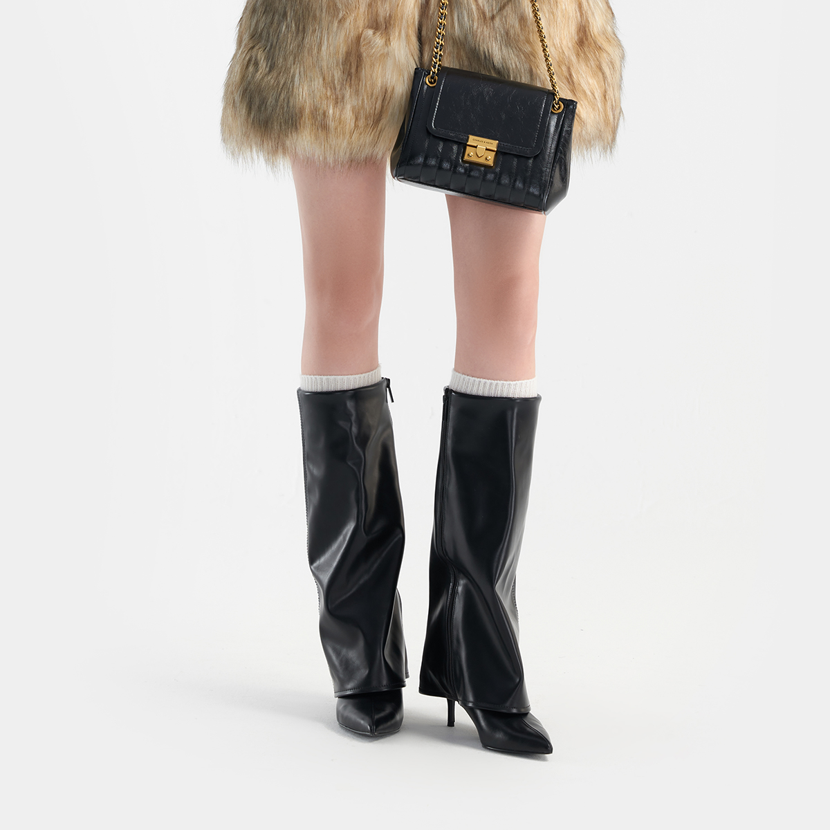 CHARLES&KEITH Чёрные женские ботинки Small CK до колена на каблуке 6,5 см, цвет Black — фото 4