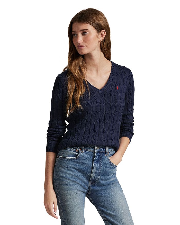 

Женский вязаный хлопковый свитер с V-образным вырезом Ralph Lauren, синий