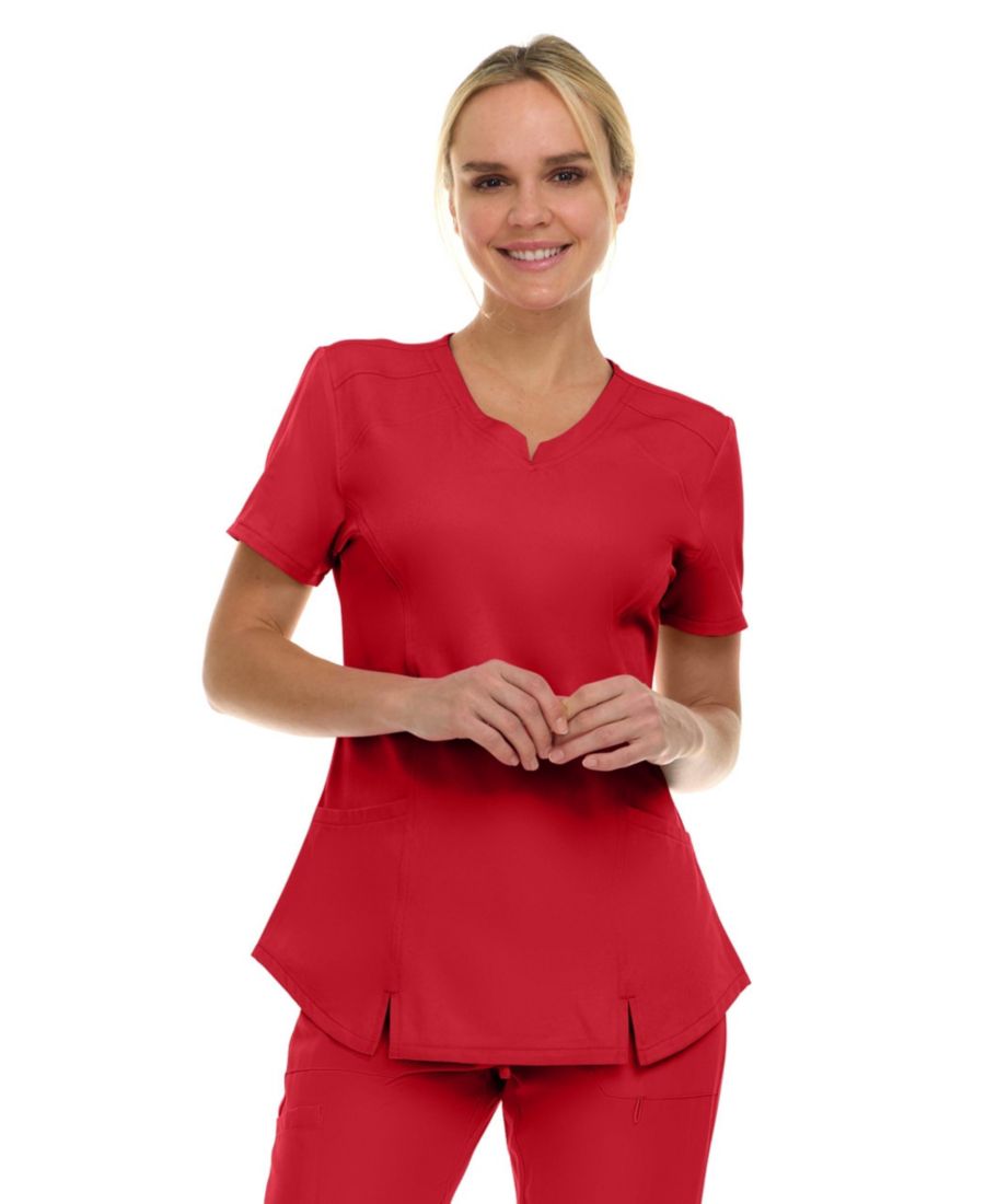 

Женская медицинская рубашка с V-образным вырезом и двумя карманами, эластичная ткань, не требующая особого ухода, цвет жевательная резинка, размер L Medichic, Red