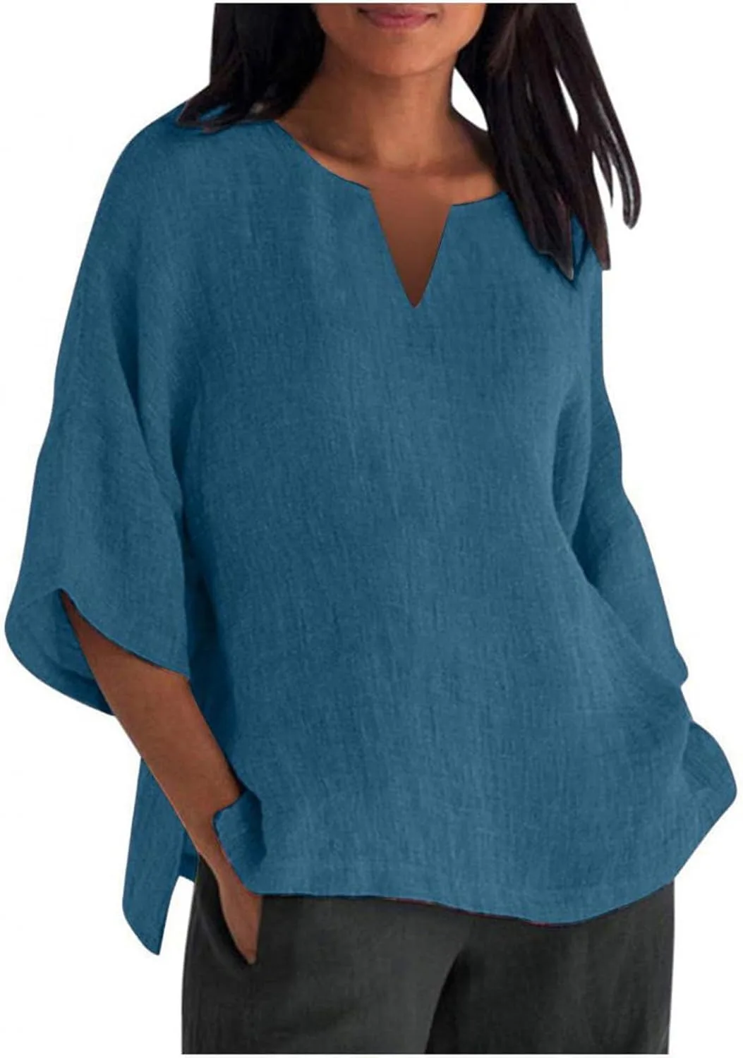 

GOKKILRW женская льняная блузка с 3/4 рукавом, V-образным вырезом и свободным кроем