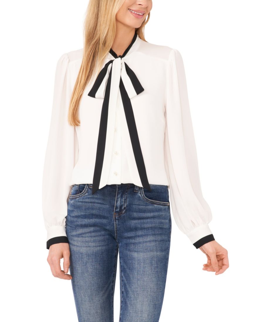 

Женская блузка с длинными рукавами и контрастным воротником с разрезом CeCe, New Ivory
