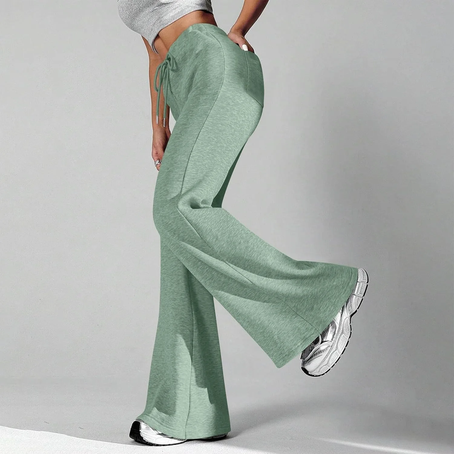 Flare Sweatpants женские для тренировок в зале и йоги, спортивные широкие брюки с карманами, свободные леггинсы с высокой талией Generic, зеленый — фото 3
