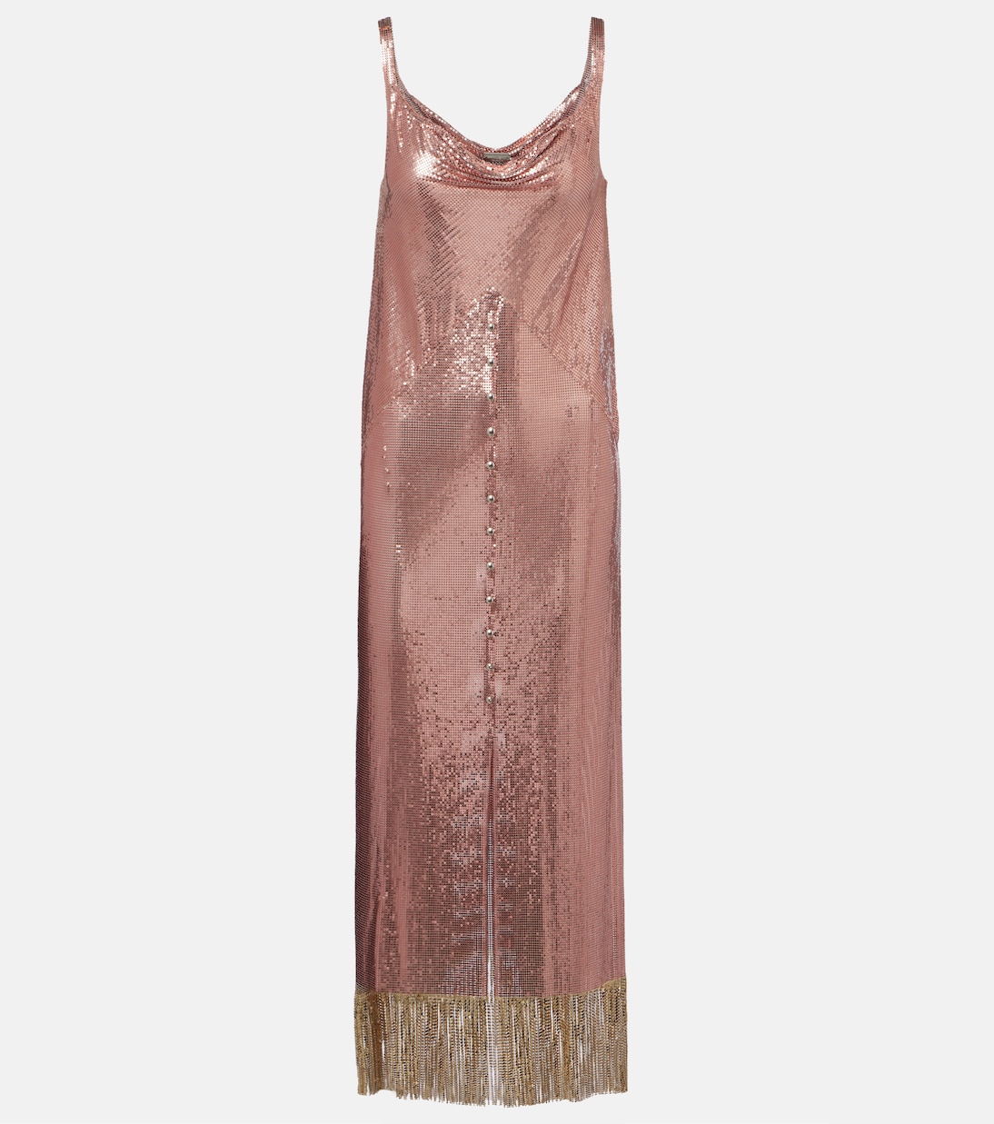 

Платье миди с металлическим отливом и бахромой Rabanne, Rose Gold