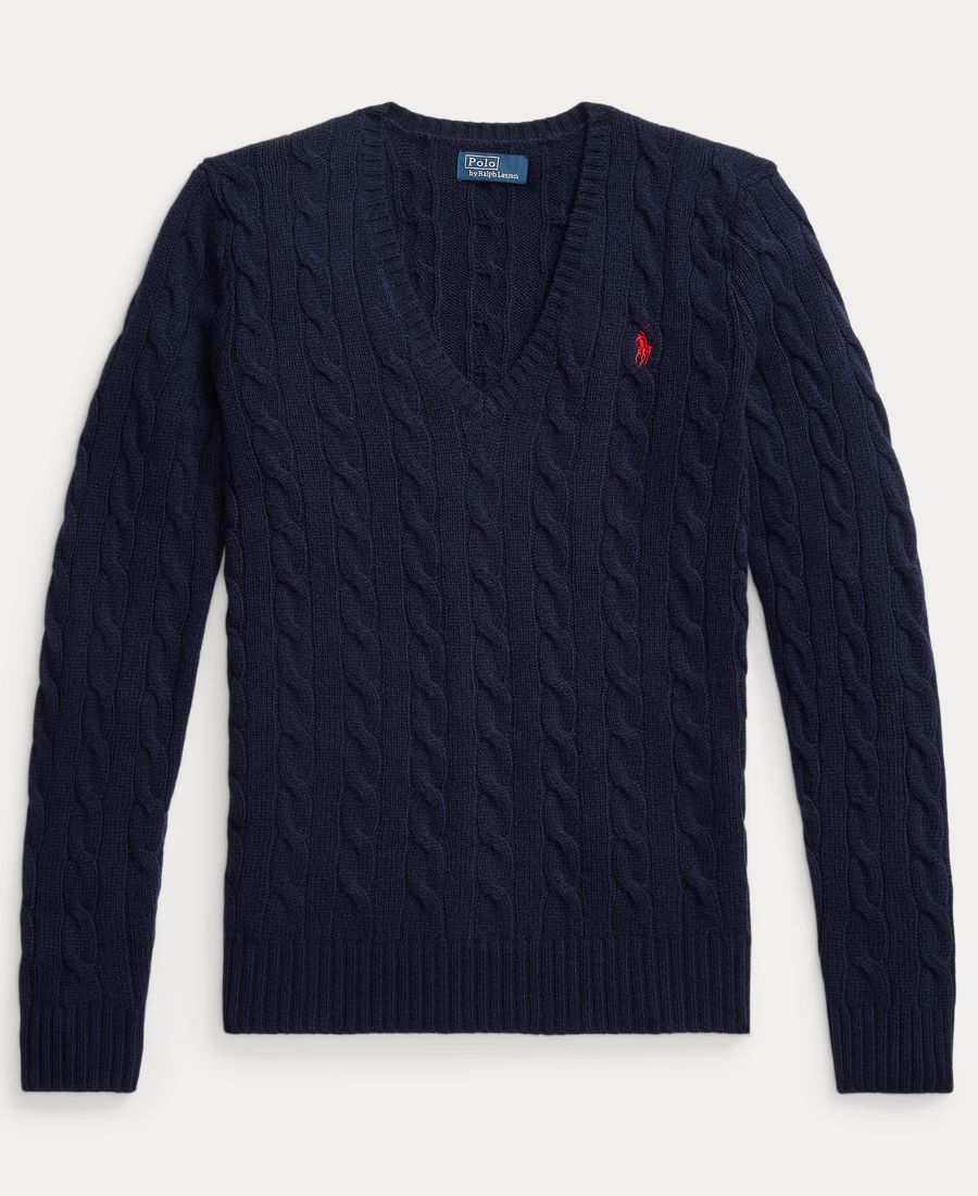 Женский свитер с V-образным вырезом из шерсти и кашемира с косами Polo Ralph Lauren, Hunter Navy — фото 3