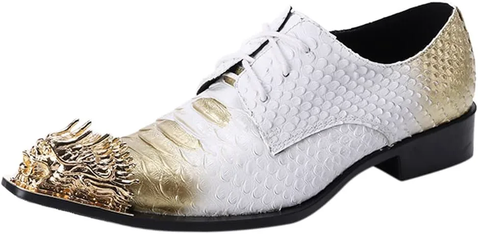 

Santimon Mens Dragon Металлические туфли с заостренным носком без шнуровки, официальные дерби с принтом под змею, белый