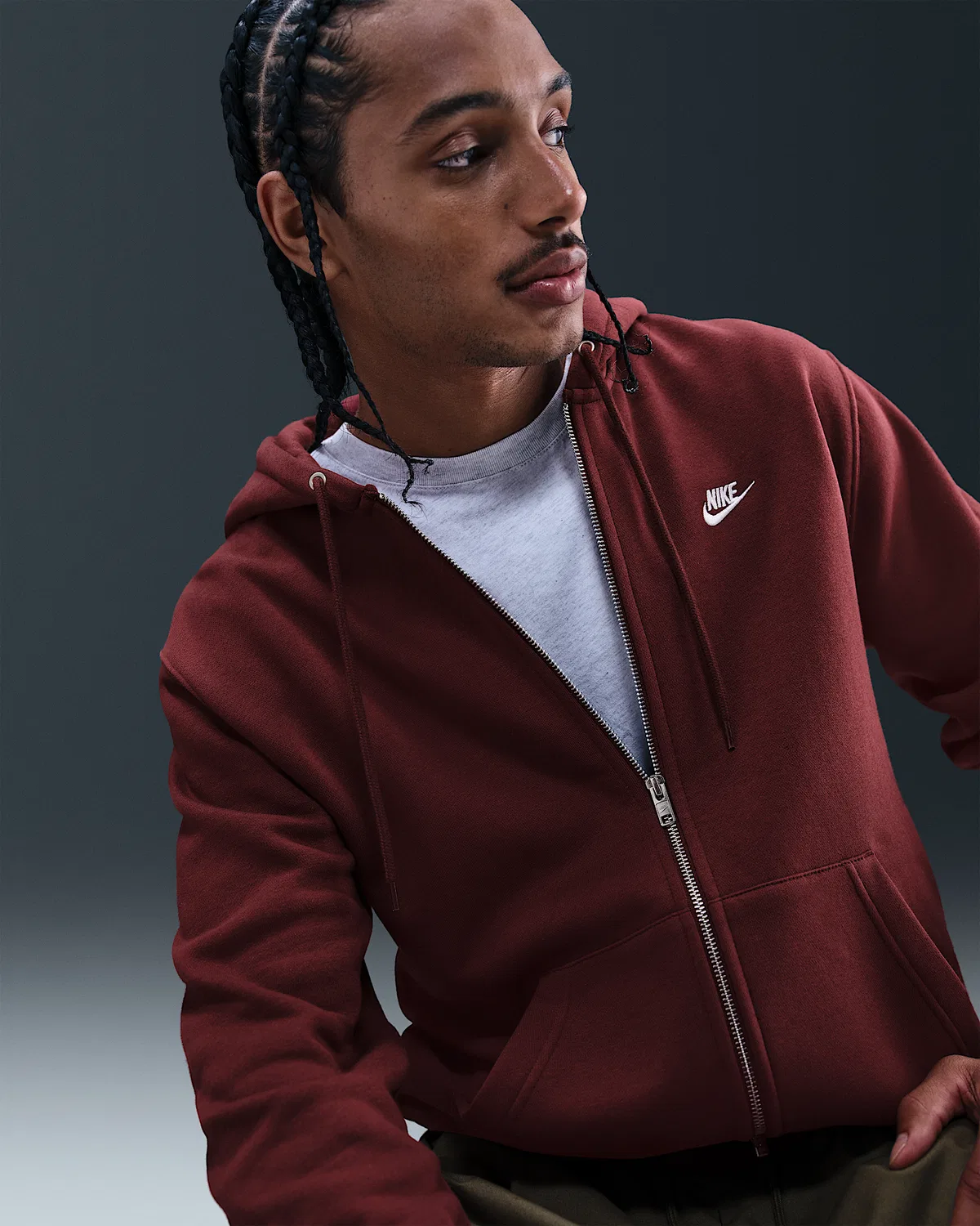 Мужская флисовая кофта на молнии Nike Club, Dark Team Red/Dark Team Red/White — фото 3