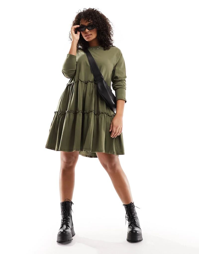 

Ярусное свободное платье цвета хаки с длинными рукавами River Island