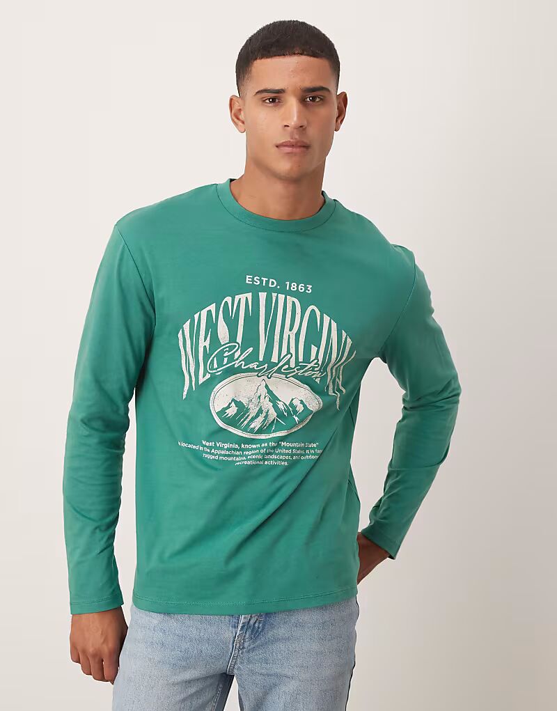 

Свободная футболка с длинными рукавами и университетской графикой зеленого цвета Asos Design, Зеленый, Свободная футболка с длинными рукавами и университетской графикой зеленого цвета Asos Design