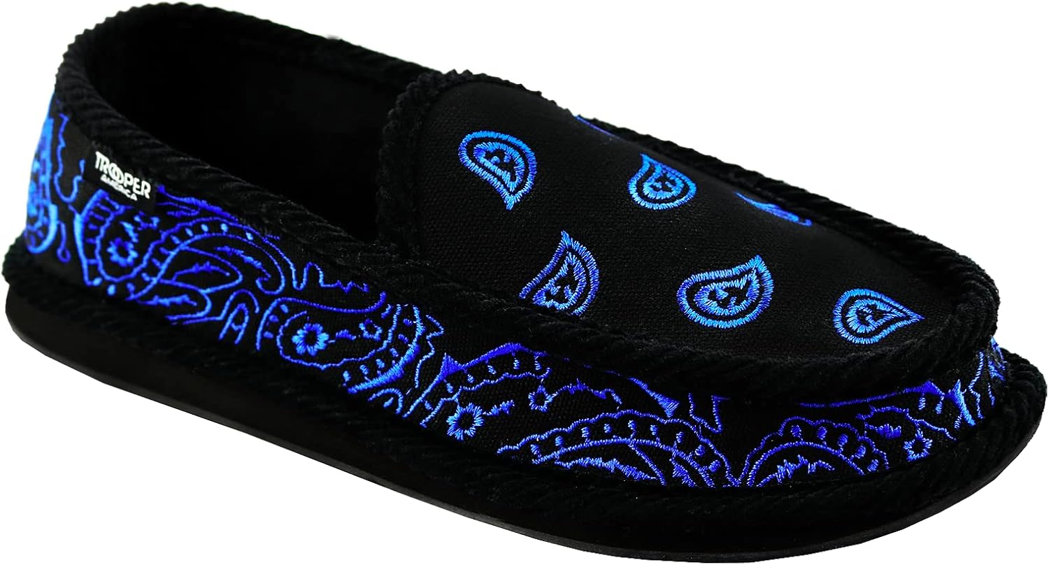

Мужские тапочки Trooper America KS-002E, черный/королевский с вышитой банданой в стиле пейсли, Уютные, яркие домашние тапочки, Супер мягкая подошва для дома и улицы