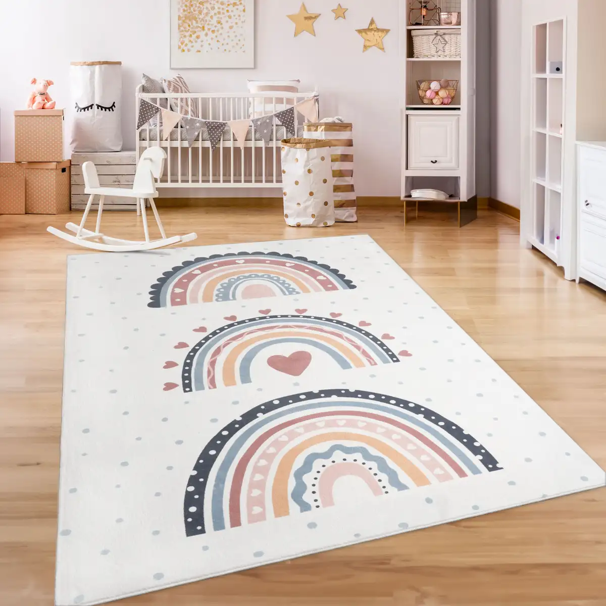 

Детский ковер Paco Home "Eliz 392", прямоугольный, короткий ворс, игровой коврик, узор в стиле пэчворк, точки и радужный мотив 200х280 см, цвет Mehrfarbig