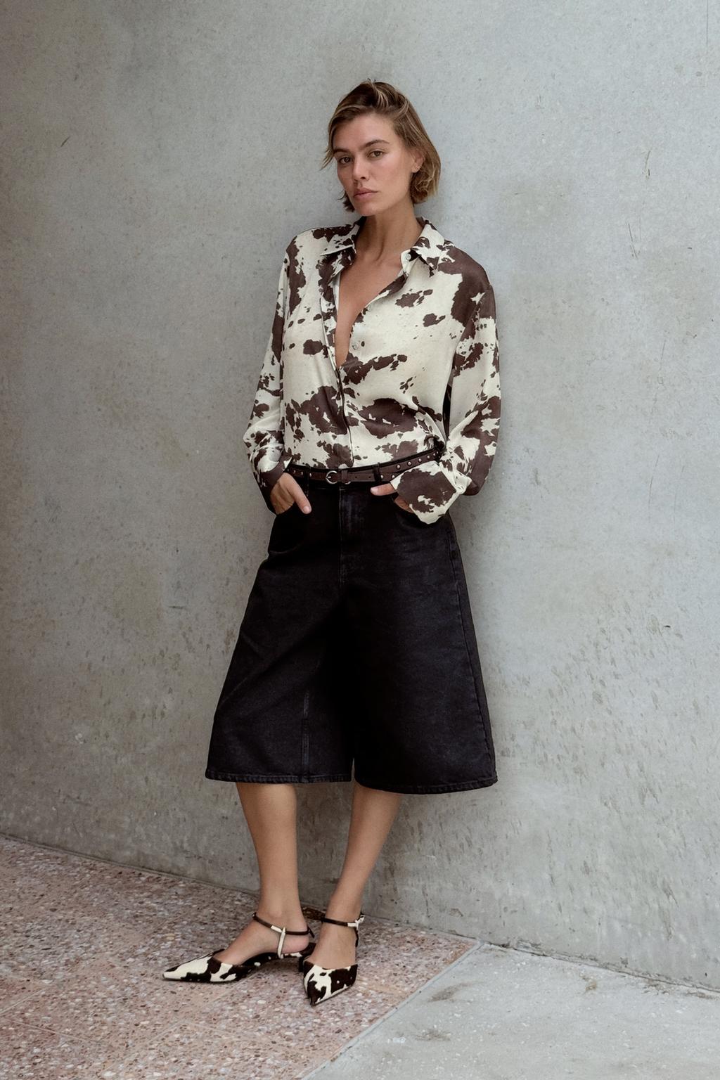 

Рубашка с животным принтом ZARA, цвет Ecru/Brown