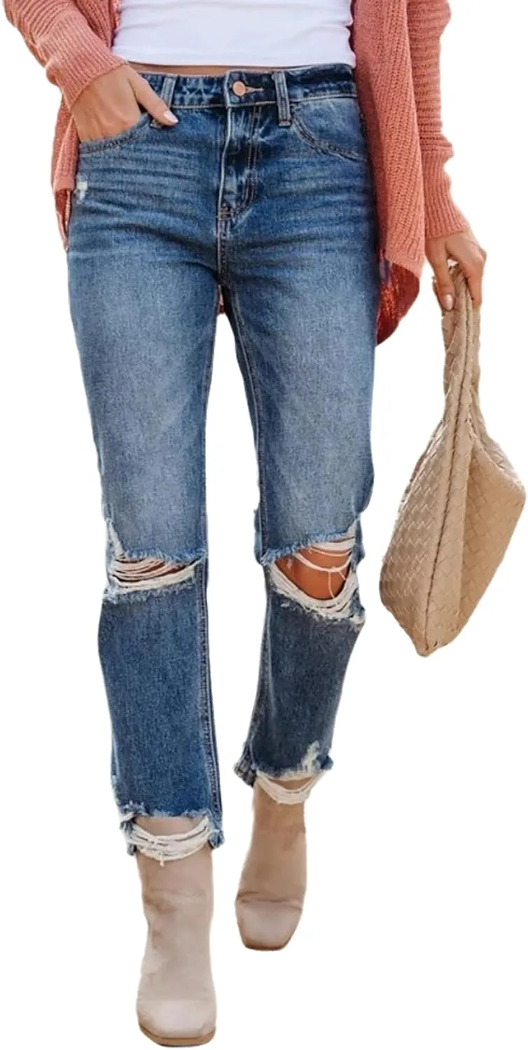 

Женские рваные джинсы boyfriend с низкой посадкой, потертые, с прямыми штанинами QLAUYIOE