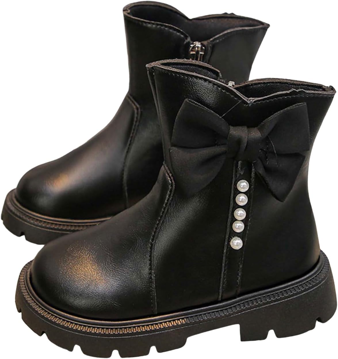 

Generic Маленькие девочкам модные короткие ботильоны до щиколотки с жемчугом и бантом, платье ботиночки с милым бантом, массивной подошвой и удобным каблуком, легкие носки, зимние уличные нескользящие кожаные принцессины с боковой молнией