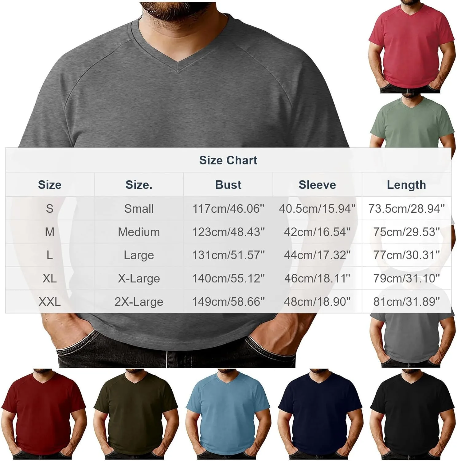 Мужская футболка Plus Size с V-образным вырезом и коротким рукавом, летний базовый топ, однотонная спортивная футболка Generic, черный — фото 4