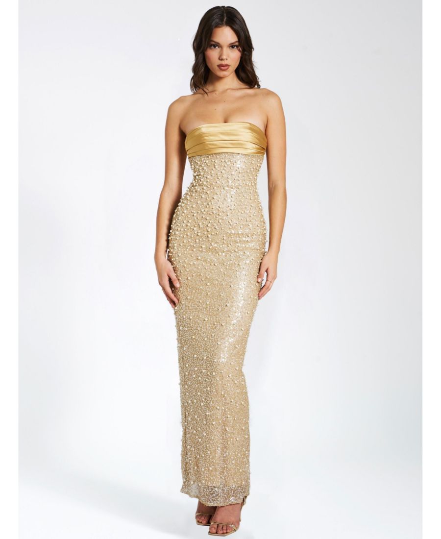 

Женское длинное платье Lainey из золотистого атласа с пайетками, жемчугом и бисером Miss Circle, Gold