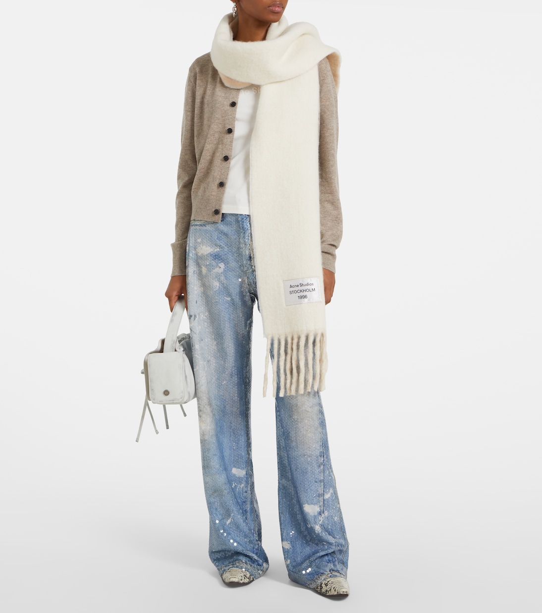 Шарф с бахромой из смеси альпаки и шерсти с логотипом Acne Studios, White/Beige — фото 3