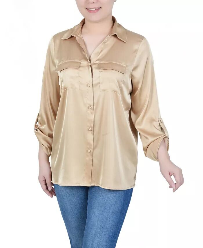 

Атласная блузка Petite с рукавами 3/4 с закатанным язычком NY Collection, белый