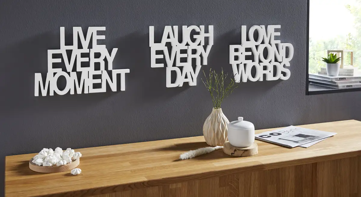 

Предмет для украшения стен andas "Надписи Живи каждое мгновение - Любовь за пределами слов - Смейся каждый день", украшение стены 38х27х2 см, белый