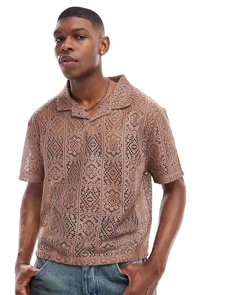 

Свободный свободный поло revere коричневого цвета крючком ASOS DESIGN