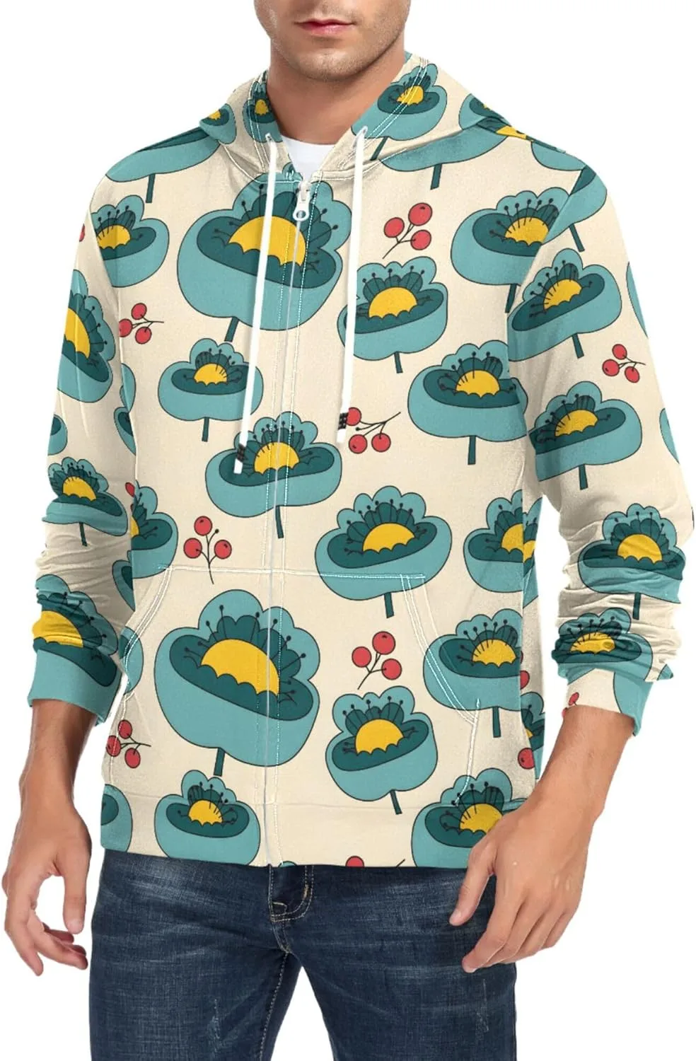 

Мужская худи на молнии с цветочным принтом и ягодами, с длинными рукавами и карманом CUPADA