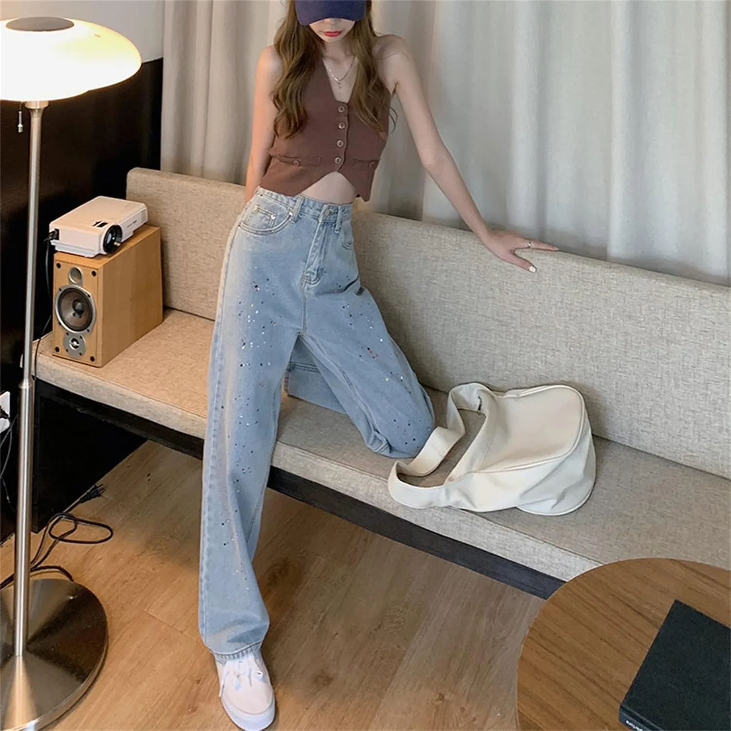 Andongnywell женские джинсы baggy boyfriend casual свободные на высокой талии широкие прямые — фото 4