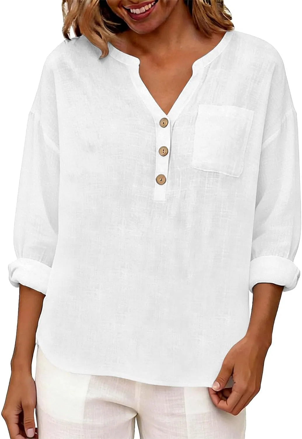 Блуза с V-образным вырезом, Cotton Linen, белый