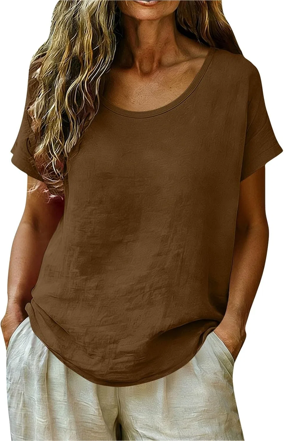 Футболка женская с круглым вырезом, Cotton Linen, Coffee