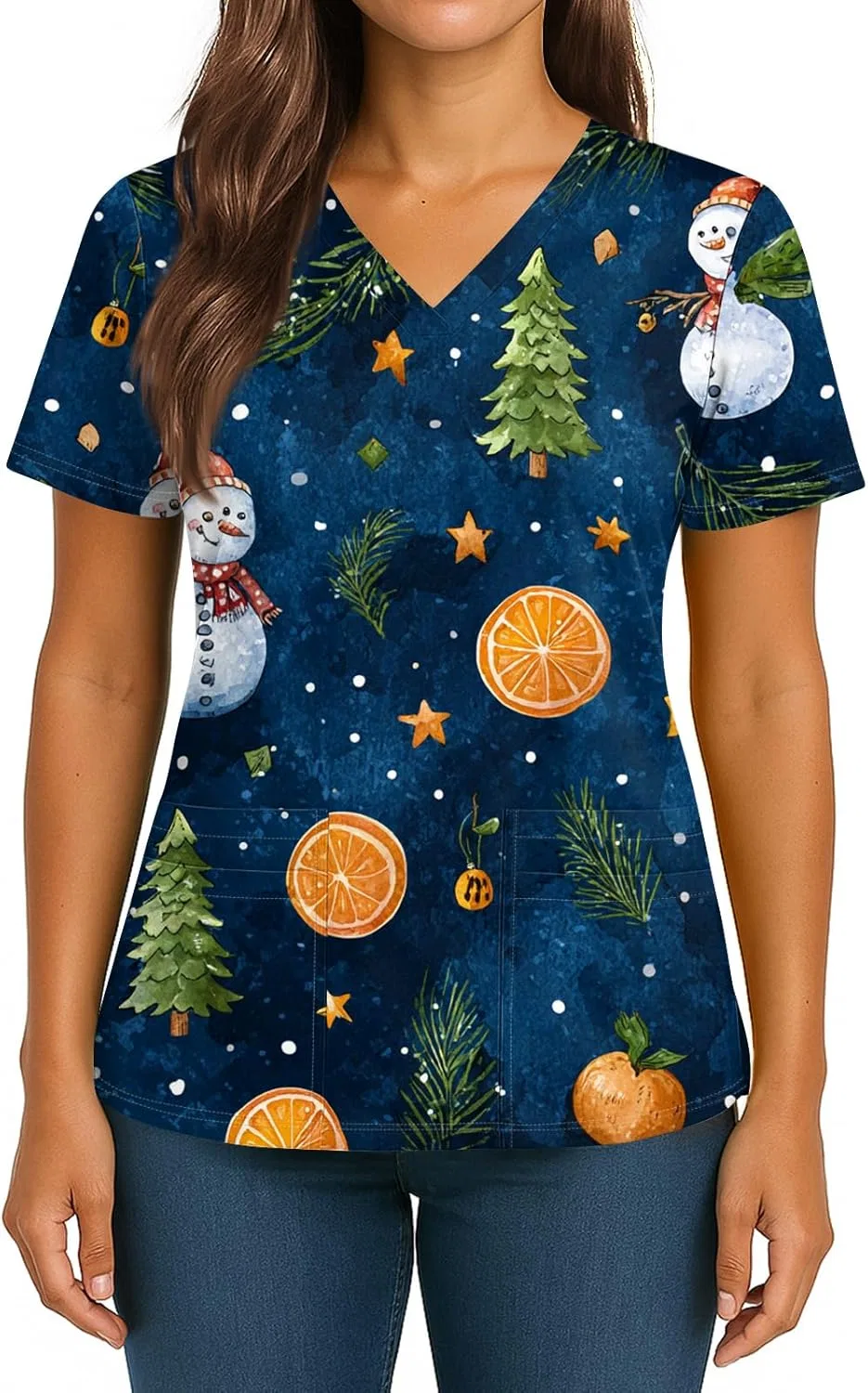 Медицинский топ с V-образным вырезом, коротким рукавом, Christmas принт, 4-dark Blue — фото 2