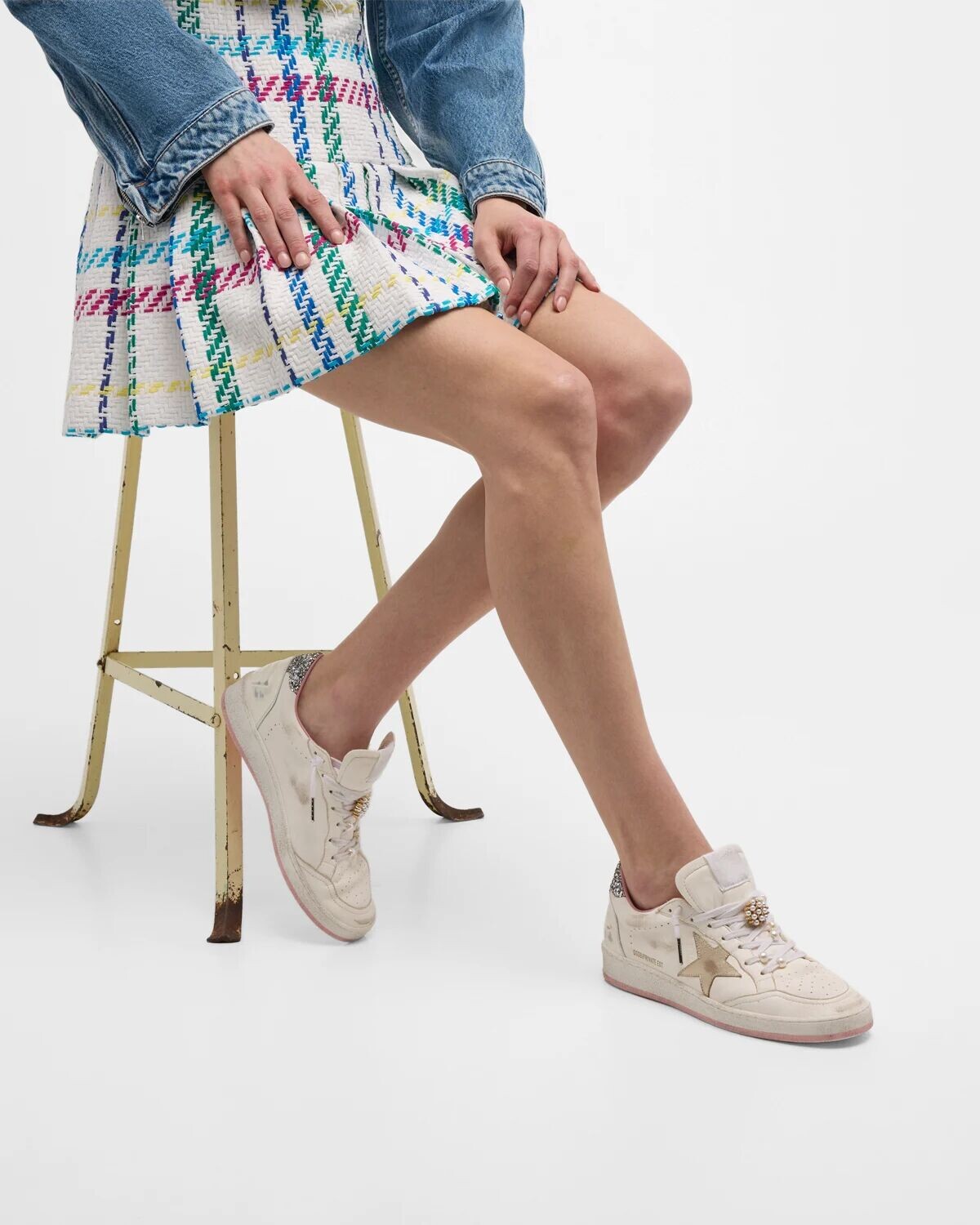 Низкие кеды Ballstar с жемчужными блестками Golden Goose, цвет Cream Latte Platinum Silver — фото 3