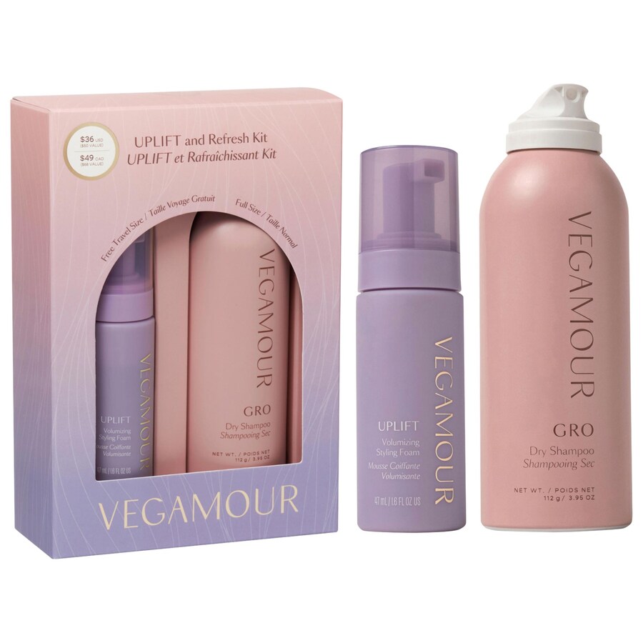 

Подарочный набор, включающий сухой шампунь и мини-пенку для придания объема волосам UPLIFT. Vegamour