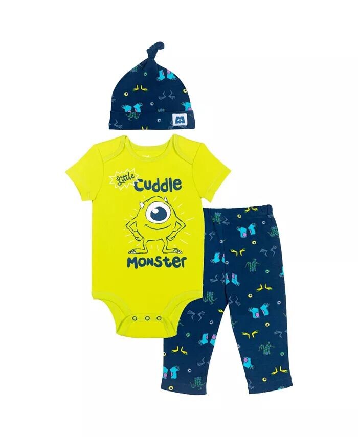 

Для маленьких мальчиков Pixar История игрушек Monsters Inc. Король Лев Микки Маус Майк Детское боди, штаны и шапка, комплект из 3 предметов для новорожденных Disney, зеленый