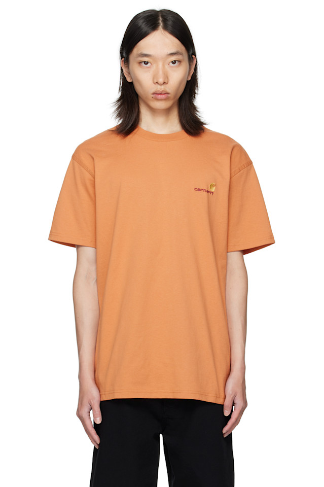

Carhartt Work In Progress Оранжевая футболка с коротким рукавом и американским шрифтом