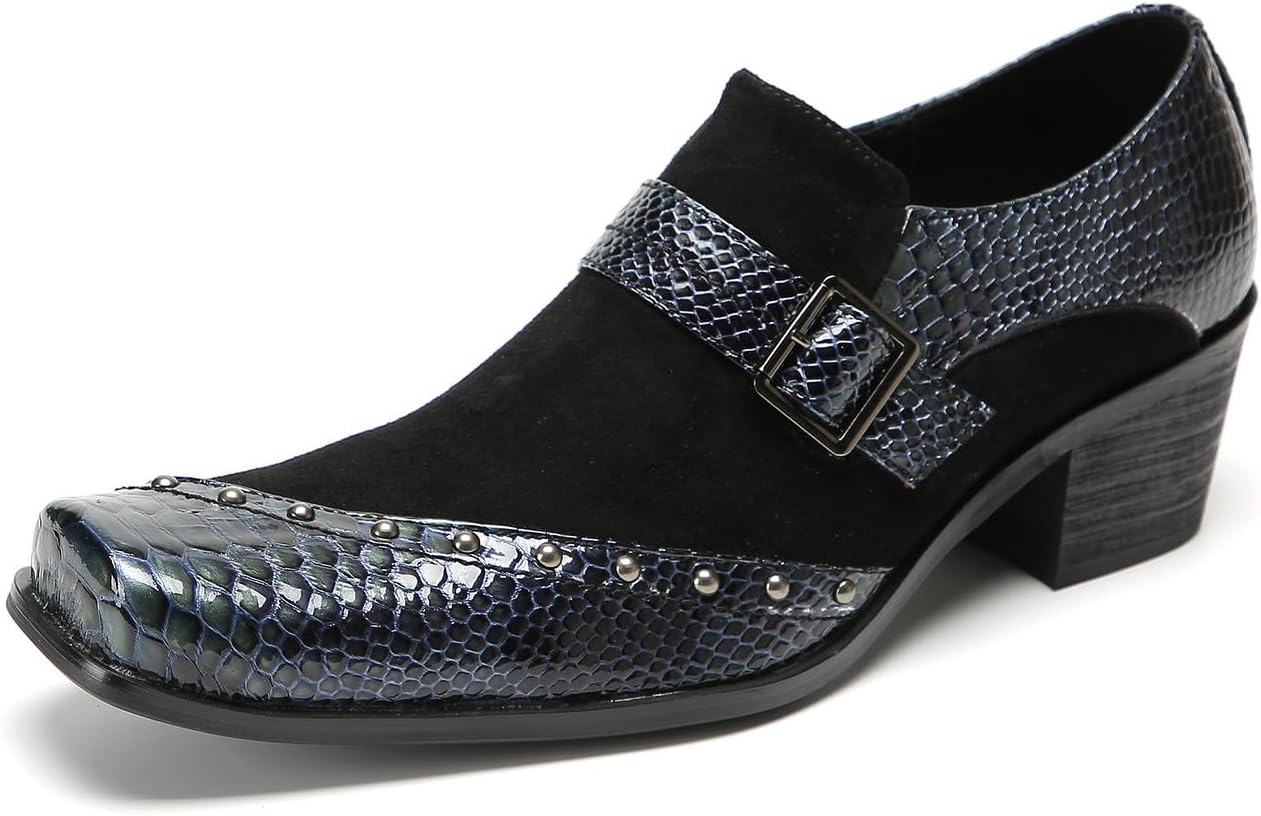 

Мокасины Santimon Mens слипоны из натуральной кожи - повседневная обувь с квадратным носком, заклепками и пряжкой-манжетом для вечеринок, свадеб и диско, черный