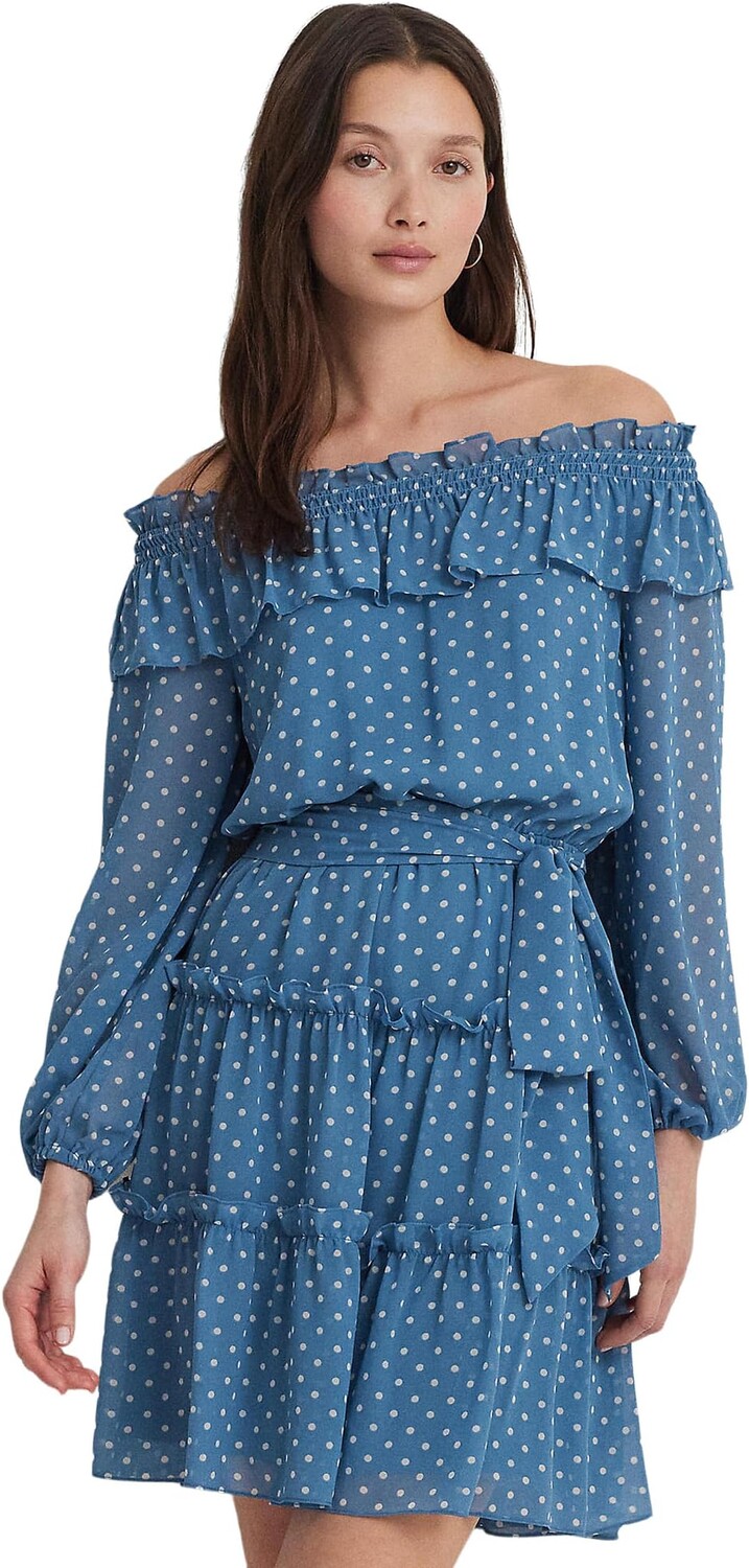 

Платье LAUREN Ralph Lauren Print Georgette Off-the-Shoulder Dress, цвет Blue/Cream