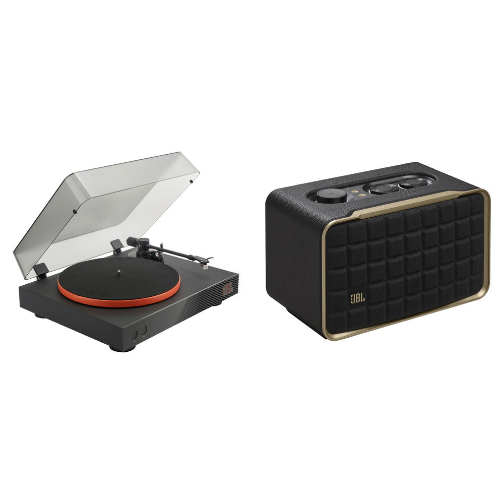 

JBL Spinner BT с двухскоростным проигрывателем винила и комплектом беспроводных домашних колонок Authentics 200 (черный и оранжевый)