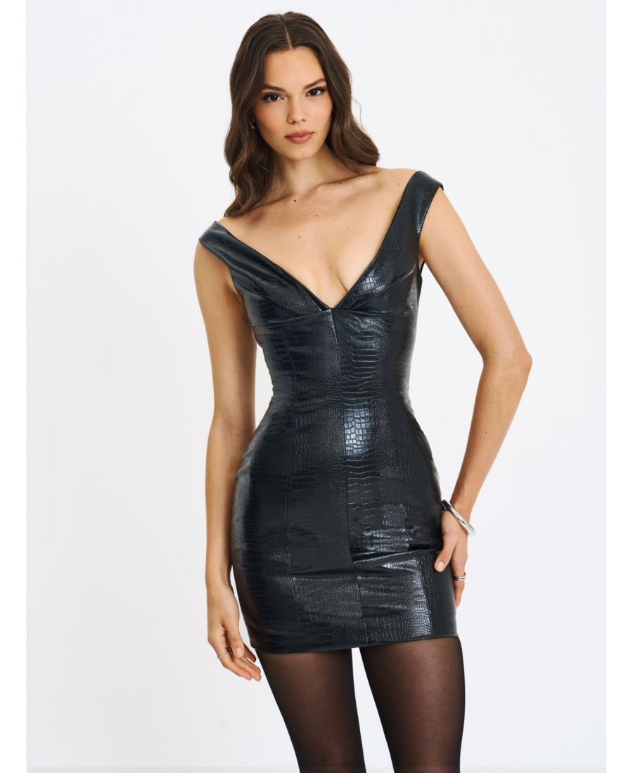 

Женское мини-платье Quilia из черной искусственной крокодиловой кожи с глубоким вырезом Miss Circle, Black