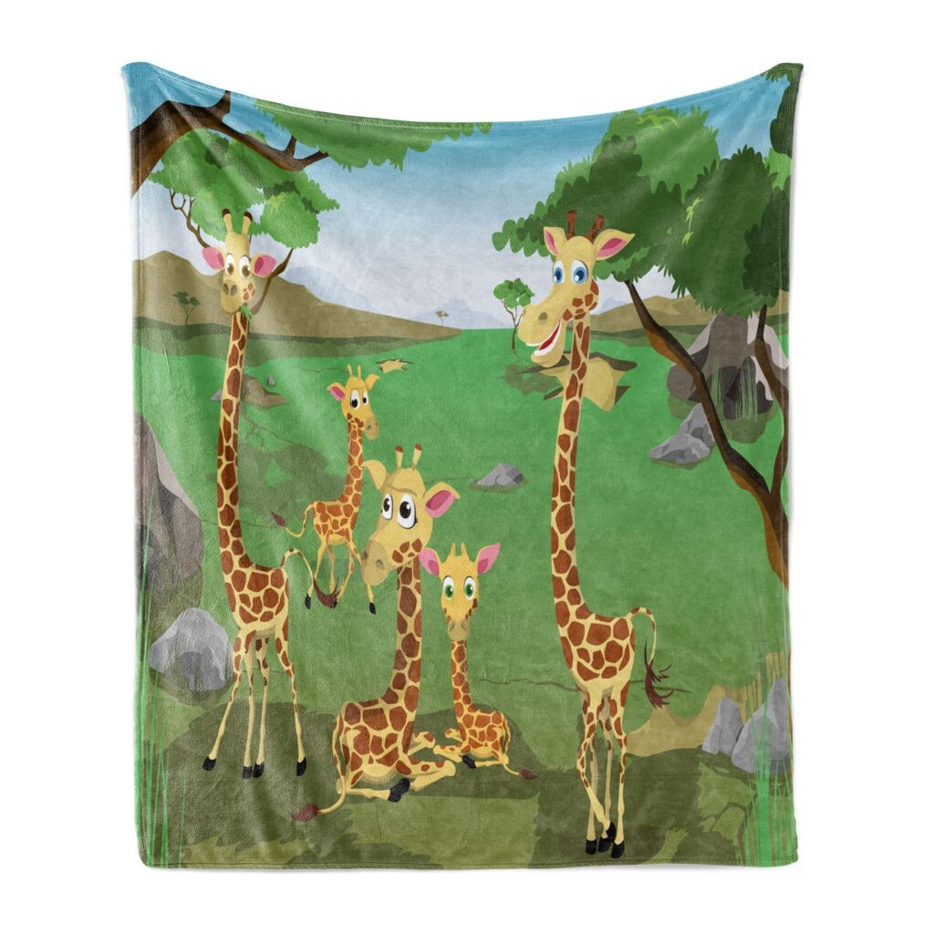 

ABAKUHAUS Giraffe Мягкое фланелевое флисовое одеяло, Саванна, мультяшная фауна, деревья, камни и зеленая трава, горы, иллюстрация, 175 x 230 см, разноцветный зеленый папоротник