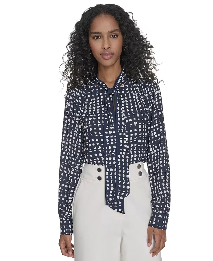 

Блузка с длинным рукавом, принтом и завязкой на горловине Petite Printed Long Sleeve Tie-Neck Blouse Calvin Klein, синий