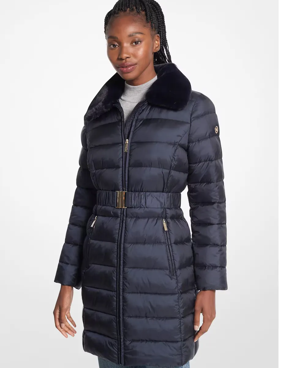 

Длинный женский пуховик с поясом и меховым воротником Michael Michael Kors, темно-синий