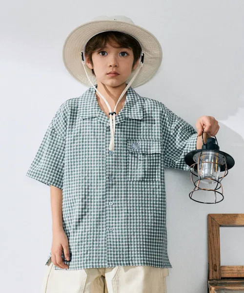 Детская рубашка с короткими рукавами BROWNBREATH KIDS в клетку хаки