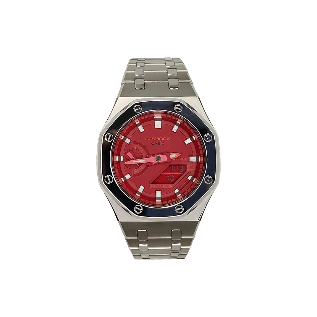 

CASIO Часы Men Liquid Crystal/Analog Dual Display Series 44mm Red Watch, Polished Silver Steel Silver Red