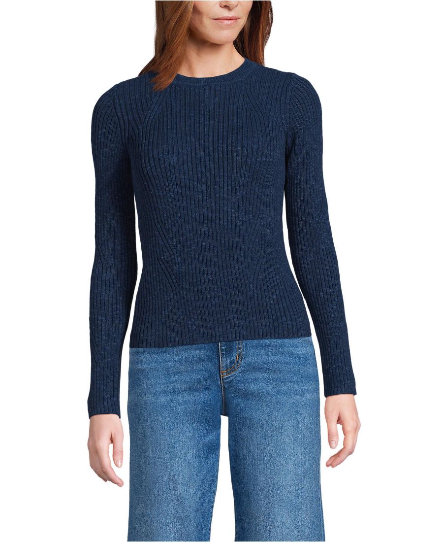

Женский свитер из смесовой хлопковой ткани с меланжевым ребристым вырезом и круглым вырезом Lands' End, Deep sea navy