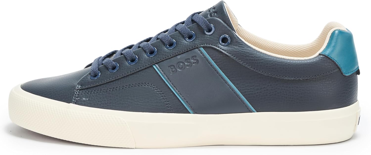 BOSS мужские кожаные кроссовки Aiden Logo Block низкие, Blue Marine — фото 2