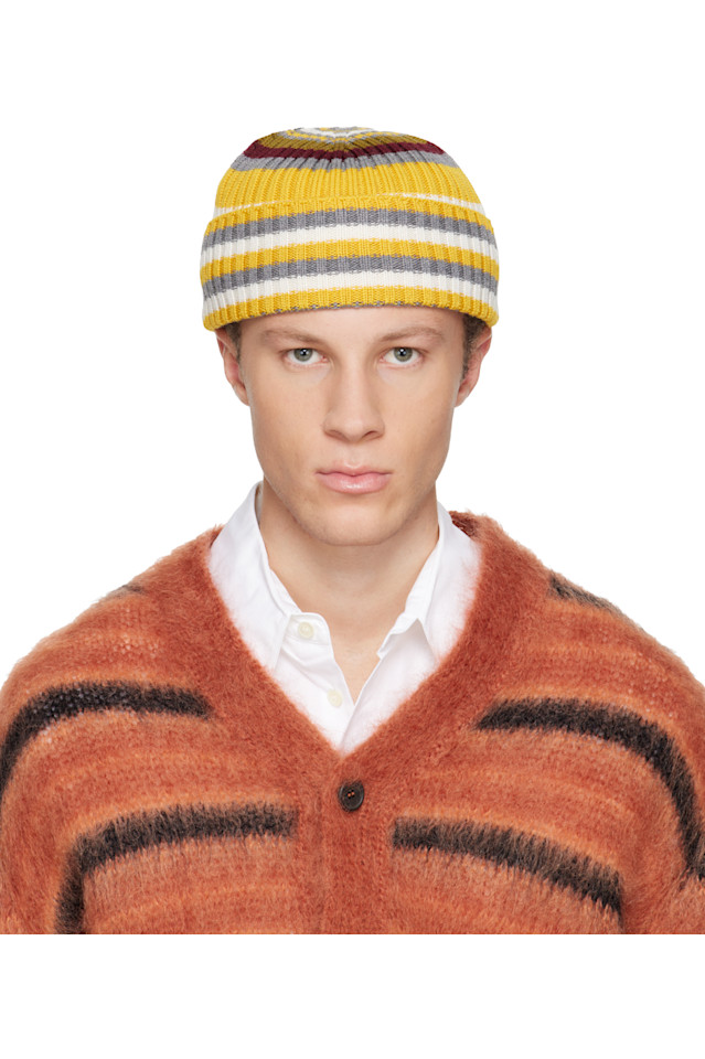

Marni Желто-Серая полосатая ребристая шапка-бини