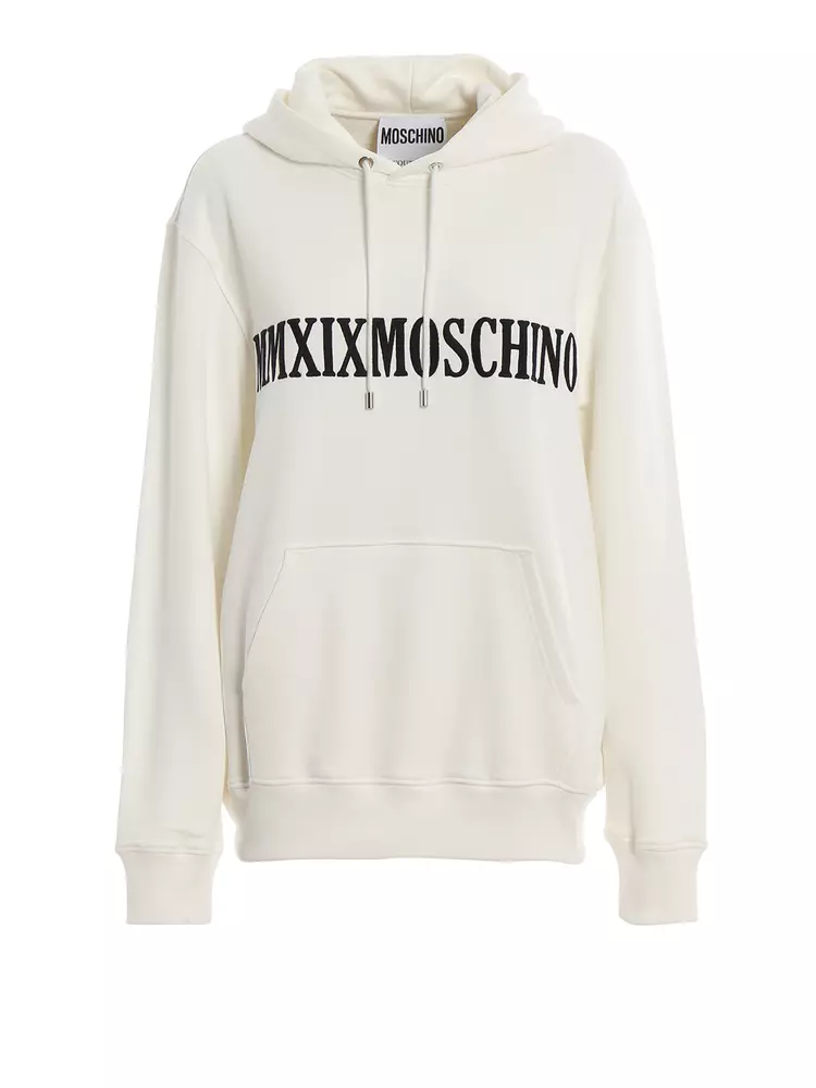 

Шикарная белая хлопковая толстовка с капюшоном и контрастным принтом Moschino Couture!