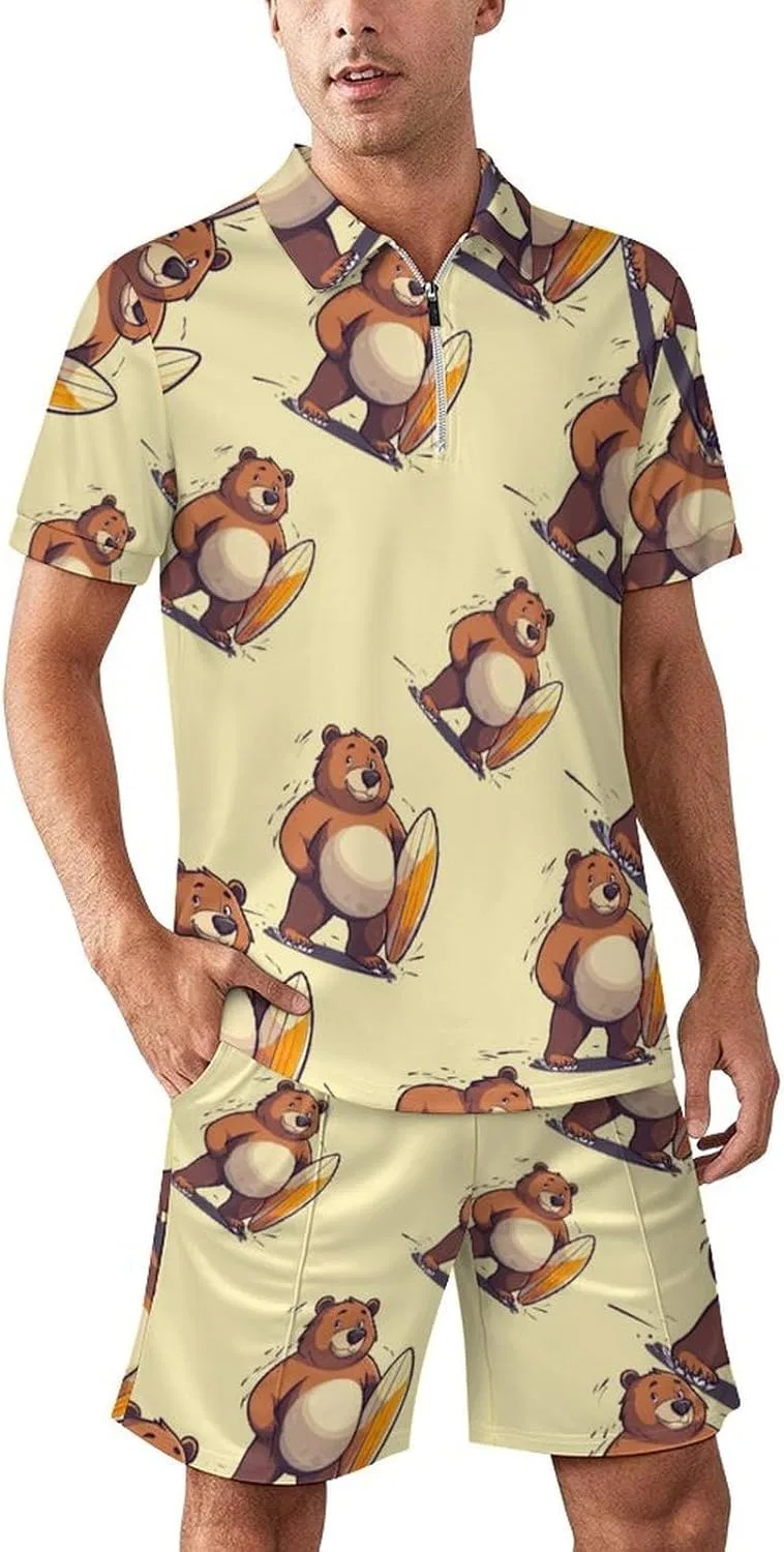 Мужской спортивный костюм из двух предметов, поло и шорты, California Surf Bear, серый
