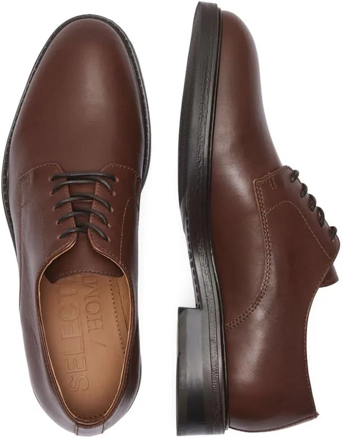 Выбранные мужские кожаные туфли-дерби Slhblake Noos Derbyschuhe SELECTED HOMME, Demitasse — фото 2