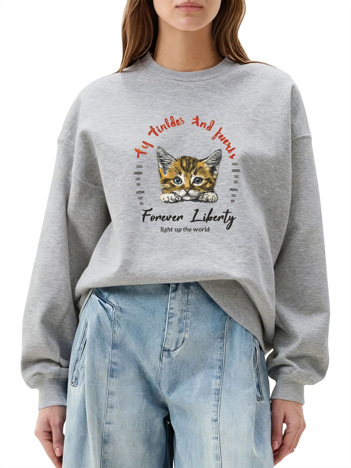 

GORHEY Свитшот женский с круглым вырезом, принтом с кошкой и флисовой подкладкой для осени/зимы, серый