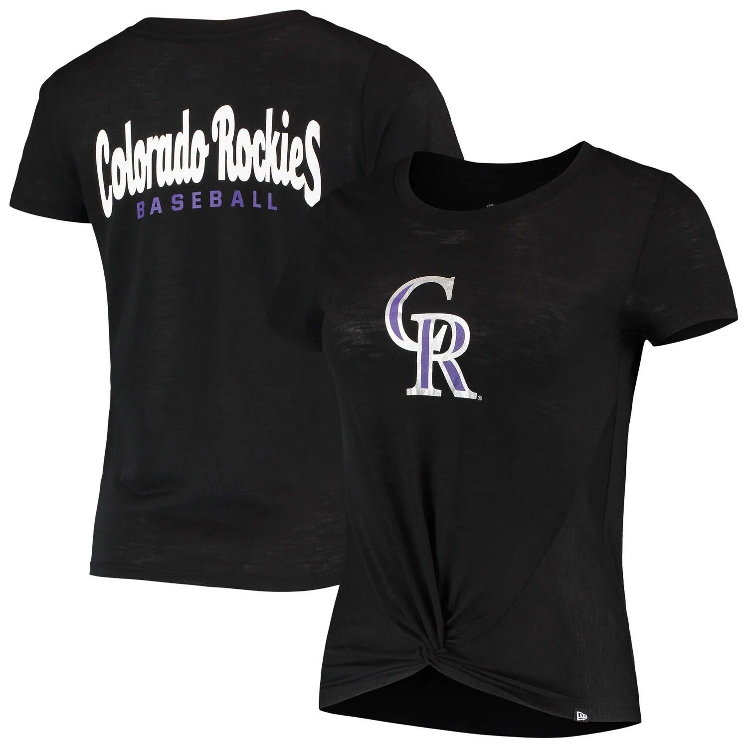 

Женская черная футболка New Era Colorado Rockies 2-Hit с поворотом спереди Burnout New Era, Черный, Женская черная футболка New Era Colorado Rockies 2-Hit с поворотом спереди Burnout New Era